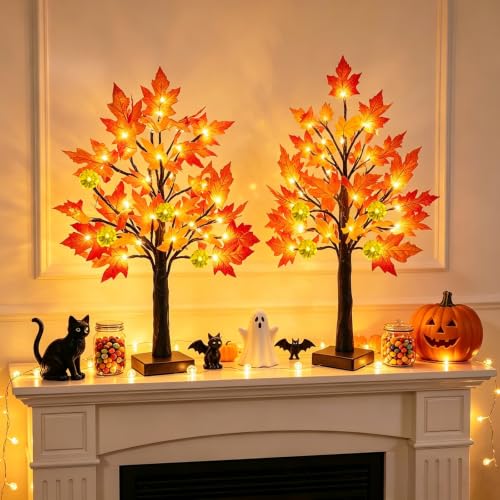 TURNMEON Fall Decor 2 Pack 24 Inch Prelit Fall Maple Tree 48 LEDs Timer - size: 2Pack 24 Inch