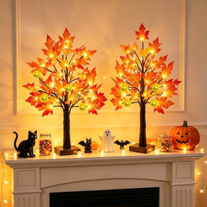 TURNMEON Fall Decor 2 Pack 24 Inch Prelit Fall Maple Tree 48 LEDs Timer - size: 2Pack 24 Inch
