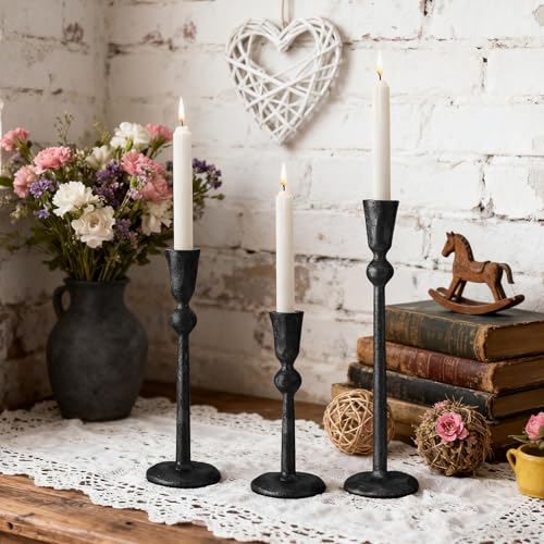 Set of 3 Antique Black Taper Candle Holders Cast Iron Candlestick Holder - color: Bkzt05-3a