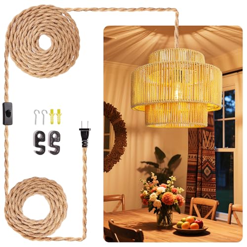 Maliralt Hanging Lamps Rattan Pendant Light - 16.4ft Plug in Cord Hanging Light Fixture Plug Into Wall Outlet Pendant Lighting with On Off Switch for Bedroom Living (Lantern Shade) - size: 12 Inch - Lantern Shade