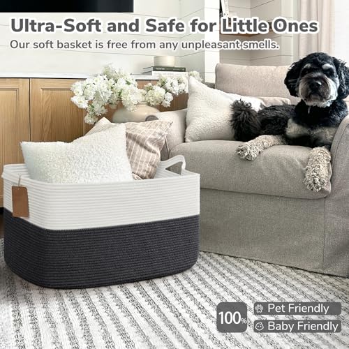 Goodpick 75L Extra Large Woven Rope Blanket Basket, Rectangle, Dark Gray - color: Dark Gray, size: 22"L x 17"W x 12"H