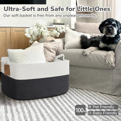 Goodpick 75L Extra Large Woven Rope Blanket Basket, Rectangle, Dark Gray - color: Dark Gray, size: 22"L x 17"W x 12"H