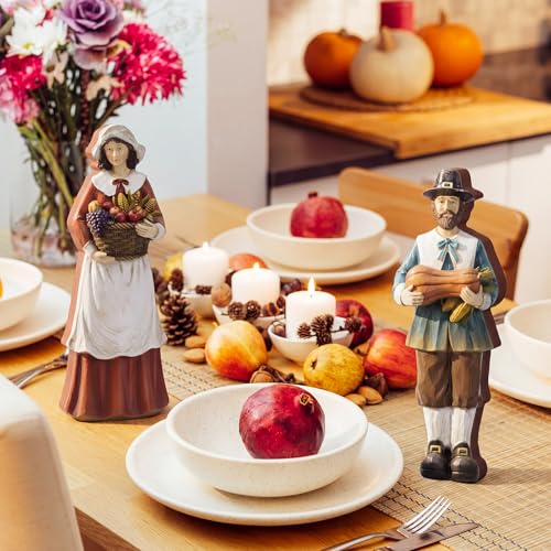 Yuntau 2 Pcs Thanksgiving Decoration Wooden Pilgrim Figurines Couple Statue - style: Wooden Pumpkins Pilgrim