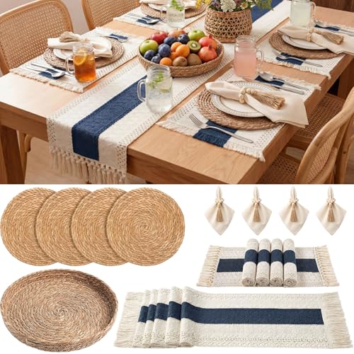 Boho Kitchen Decor Table Runner and Placemats Set, Blue, 4 Sets, 12x72inch | Farmhouse Rustic Natural Set with Table Runner, Woven Placemats, Napkin Rings & Basket, Perfect for Dining Table & Home Decor - color: Blue, size: 12x72''