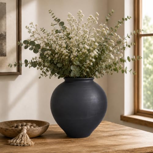 Large Black Vase, 11.8“ Matte Black Round Ceramic Vase, Wide Mouth Pottery Vase for Living Room, Entryway, Table Centerpieces, Shelf Decor - color: Black and Brown, size: 11.8in