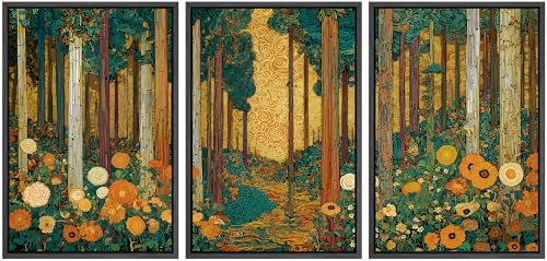 wall26 Framed Print Wall Art Set Klimt Style Sunlit Forest Vibrant Green and Gold Floral WoodlandDecorative Minimal Relax/Zen for Living Room, Bedroom, Office - 16"x24"x3 Black - color: A18-2604-m11, size: 16" x 24" x 3 Panels BLACK