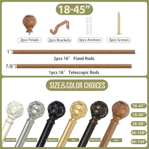 TANGWIN Wood Curtain Rods for Windows 28 to 48 Inch(2.3-4Ft),1 Inch Adjustable Curtain Rod,Heavy Duty Curtain Rods,Wooden Netted Texture Finial Drapery Rods,Single Window Curtain Rod 18-45",Brown Wood - color: Wood, size: 18-45" & 1pack