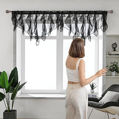 PearAge Ruffled Voile Semi Sheer Curtain Valance, Kitchen Living Room Shabby Chic Ruffle Valance Curtains, Girls Daughters Bedroom Cascade Window Valance 52x26 Inches (Black-Triangle) - color: Black