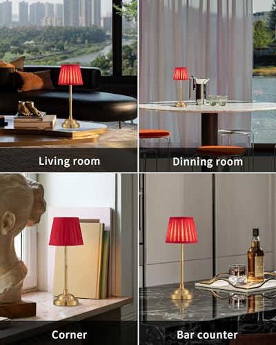 KDG Gold Cordless LED Table Lamps Set of 2, Red Fabric Shade Desk Lamps - color: Gold + Red Lampshade (2 Pack)