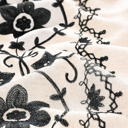 Black Boho Farmhouse Floral Linen Curtains 72Inch Grommet 2 Panels - color: Black on Beige, size: 52"W x 72"L (Pack of 2)