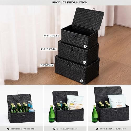 Nonam Wicker Storage Basket with Lid,Seagrass Shelf Basket Set of 3,Black - color: Standard Black* Set of 3