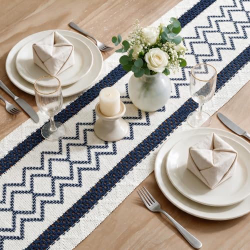 Artoid Mode Dark Blue Stripe Diamond Woven Table Runner 12x36 Inch - color: Dark Blue, size: 12" x 36", Table Runner