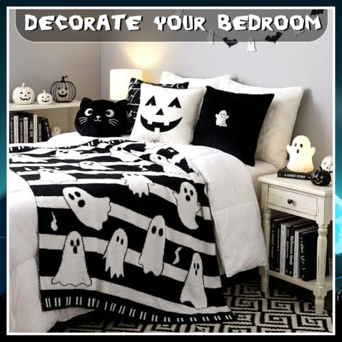 Halloween Ghost Blanket Cute Boo Knitted Throw Blanket 50 x 60 in - color: Black and White, style: Halloween Cute Ghost