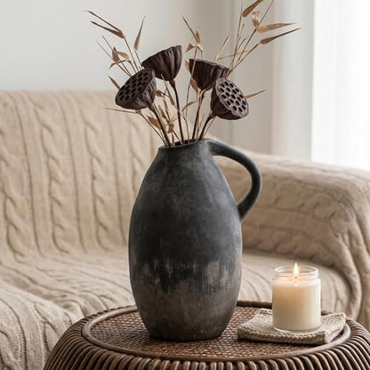 Rustic Ceramic Vase with Handle, 10.3 Inch, Handmade Decor - color: Black
