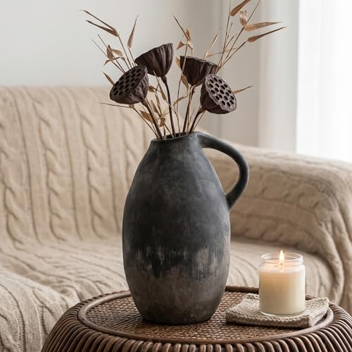 Rustic Ceramic Vase with Handle, 10.3 Inch, Handmade Decor - color: Black