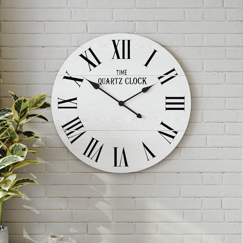 ARTPOWER 24" Extra Large Farmhouse Wall Clock,Solid Wood Veneer,White - color: White, size: 24"W x 24"H