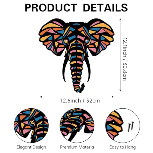 Hnatzu Metal Elephant Wall Art – Colorful Bohemian Animal Head Decor with Geometric Patterns, Rust-Resistant Elephant Wall Decor for Living Room, Boho Elephant Bathroom Decor
