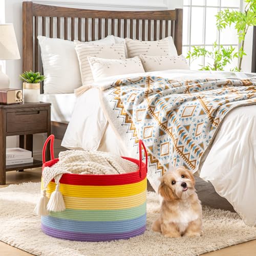 KAKAMAY Large Blanket Basket with Handles, Storage Basket for Living Room - color: Rainbow
