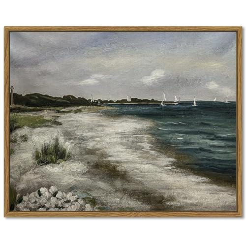 SHENIFY Vintage Landscape Seascape Framed Canvas Wall Art Seaside Coastal Scenery Classic Hallway Bathroom Office Decor - 11x14in Natural Framed - color: Blue Coastal, size: 14"L x 11"W