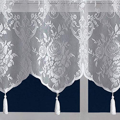 LinenZone 54x22 White Sheer Lace Valance with 6 Tassels. (Luna 54x22,White) - color: White, size: 54"W x 22"L (Pack of 1)