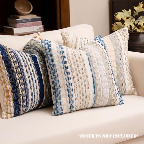 Boho Chenille Tufted Throw Pillow Covers 18x18 Inch Set of 2 Farmhouse Grey Blue Woven Striped Decorative Pillowcases for Couch Sofa Bed - color: Grey Blue