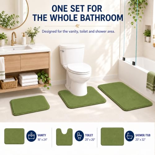 Green Bathroom Set Extra Soft Memory Foam Bath Mat Sets 3 Piece Non Slip Absorbent & Dry Living Mat Sets Washable Bath Carpets with Toilet Rug,Bath Rugs for Bathroom,Tub,Shower,Kitchen,Bedroom - color: Lime Green