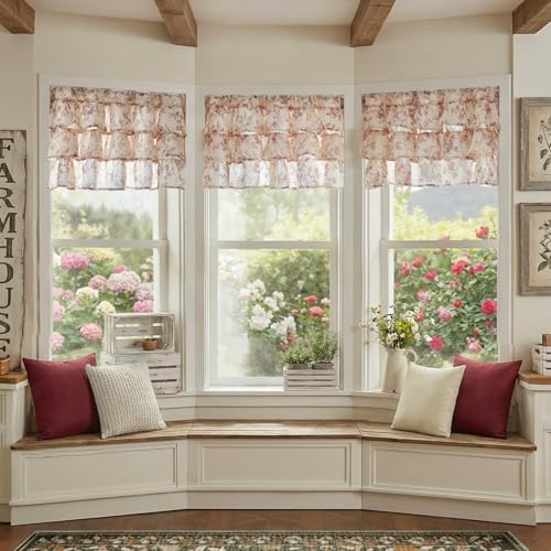 jinchan Amlie Ruffled Floral Valance Curtain 1 Panel 18 Inch Maroon - color: Amlie Maroon on Linen