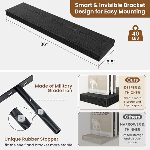 Floating Shelves for Wall, Wall Mounted Wood Shelves, Black, Set of 2, 36in - color: Black, size: 36"W x 6.5"D , 2 Pack