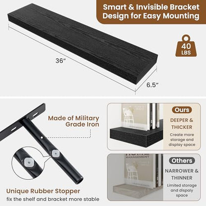 Floating Shelves for Wall, Wall Mounted Wood Shelves, Black, Set of 2, 36in - color: Black, size: 36"W x 6.5"D , 2 Pack