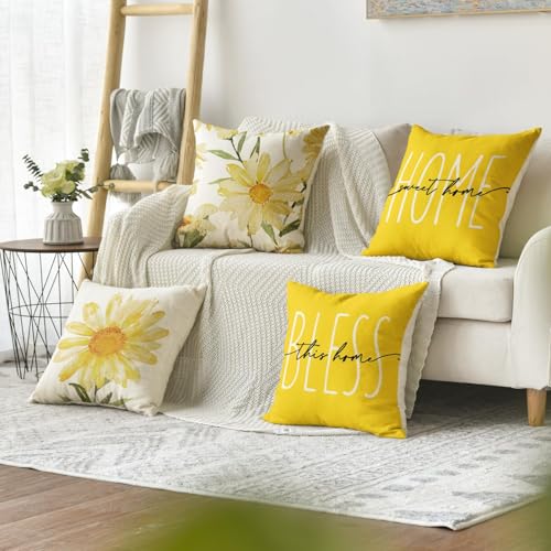 AVOIN colorlife Home Sweet Home Spring Summer Flowers Yellow Throw Pillow Covers, 18 x 18 Inch Cushion Case for Sofa Couch Set of 4 - color: Yellow, size: 18" x 18" (Pack of 4)