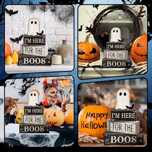 Lineshading 4 Pcs Halloween Table Decoration Ghost Wooden Tiered Tray Decor - style: Bat Ghost
