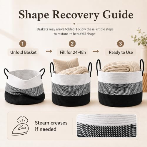 JMvicyroam 65L Extra Large Machine Washable Cotton Rope Blanket Basket - color: White&Black Mix, size: 65L