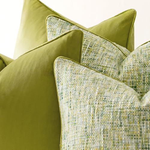 a moment Green 4 Pack Throw Pillow Covers - Chenille & Velvet Set with Piping, Farmhouse Textured Design Pillow Cases for Couch Sofa Bed Livingroom (22x22 Inch, No Insert) - color: Green, size: 22" x 22" (Pack of 4)