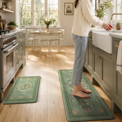 KIMODE Kitchen Mats for Floor Cushioned Anti Fatigue Kitchen Rugs Sets of 2 - color: Sage Green Botanical