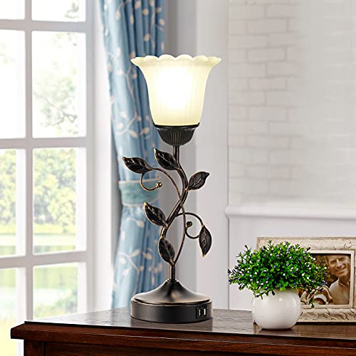 Touch Leaf Bedside Table Lamp with 2 USB Ports Nightstand Lamps - color: 1 Pack - Black + White Glass