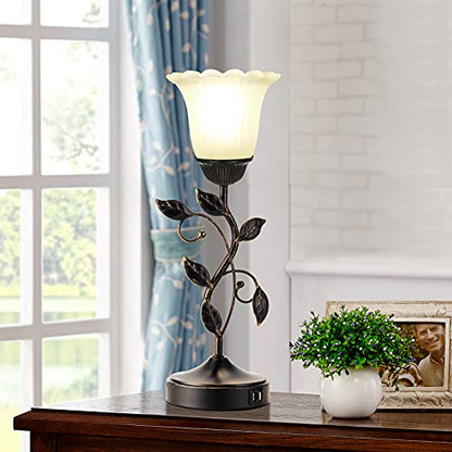 Touch Leaf Bedside Table Lamp with 2 USB Ports Nightstand Lamps - color: 1 Pack - Black + White Glass