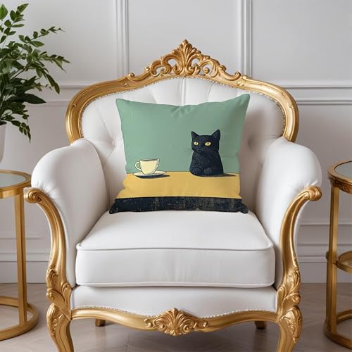 Black Cat Throw Pillow Covers 18x18, Vintage Black Cat Art Painting Decor Pillow Covers, Cats Lovers Mom Grandma Gifts, Aesthetic Cats Drinking Coffee Decor for Room Bedroom - color: Style09