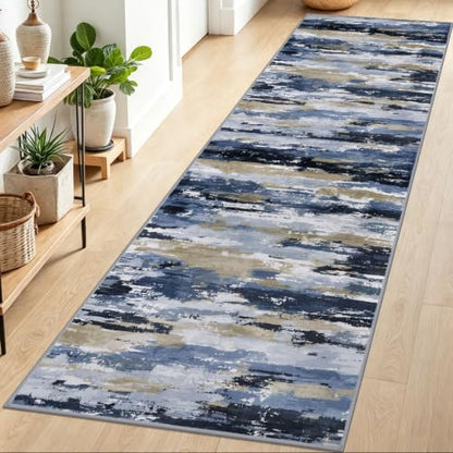 Abstract Washable 3x8 Runner Rug Non Slip Runners for Hallway - color: Navy / Blue / Taupe, size: 3' x 8' (Runner)