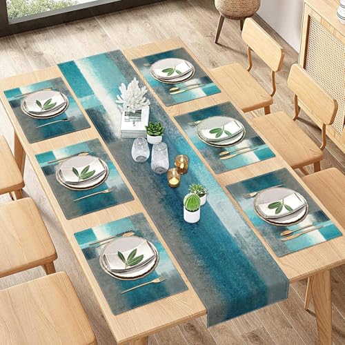 ArtSocket Table Runner and Placemats Set of 6, Teal Blue Green - color: Abstract Green