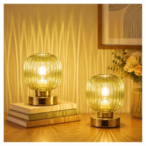 Elenhome Touch Table Lamp Set of 2, 3-Way Dimmable with Glass Shade, USB-C+A Charging Ports, Mid-Century Modern Small Bedside Lamps for Nightstand, Bedroom, and Living Room, LED Bulb Included (Green) - color: Green_2pack