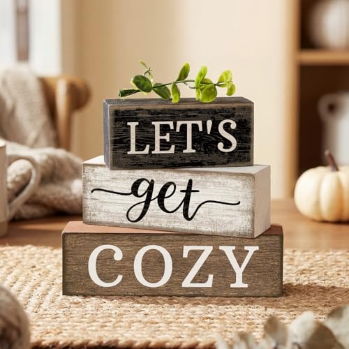 Moucuny 4 Pcs Farmhouse Table Decor Inspirational Wood Signs Let's Get Cozy - style: Let's Get Cozy