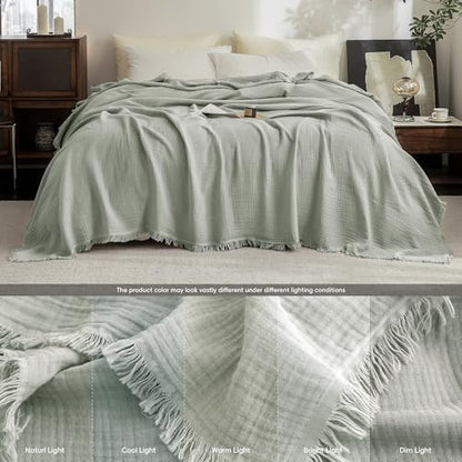 FOSSA Muslin Blanket 4-Layer 100% Cotton Gauze Blanket with Fringe 66"x90" - color: Sage Green, size: Twin XL (66" × 90")