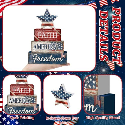 Britimes Tiered Tray Decor Set, 4 Pack, Wooden Table Sign, Patriotic 4th - style: Star