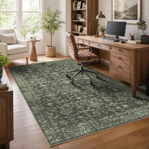 5x7 Washable Bedroom Area Rug Non-Slip Retro Dark Green Throw Carpet - color: Dark Green, size: 5' x 7' (Rectangular)