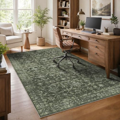 5x7 Washable Bedroom Area Rug Non-Slip Retro Dark Green Throw Carpet - color: Dark Green, size: 5' x 7' (Rectangular)