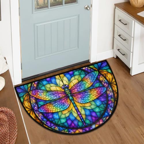 Dragonfly Half Round Door Mat Outdoor Doormat Bedroom Entrance Rug A6 - color: A-26 Dragonfly Colored Glass Painting