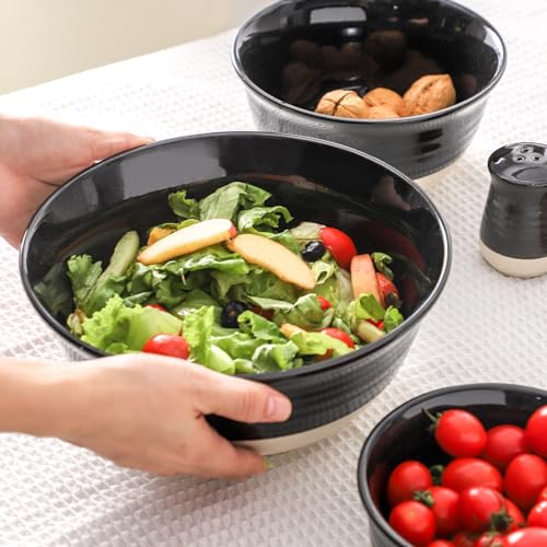 HASENSE Ceramic Mixing Bowls Set of 3, 84/40/20 Oz Black & Beige Stoneware Bowls, Farmhouse Bowls for Salad, Soup, Cooking Baking Serving Food, Nesting BowlsDishwasher & Microwave Safe - color: Black, size: 84+40+20 oz