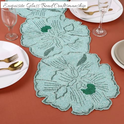Beaded Table Runner 13x36 Inch, Handmade Decorative Dining Table Centerpiece with Premium Glass Beads & Polyester Back, Elegant Runner for Coffee, Console & Dresser Tables, Light Green - color: Light Green