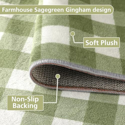 Dunzy 2 Pcs Sage Green Kitchen Mat Farmhouse Plaid Runner Non-Slip Washable - color: Sage Green