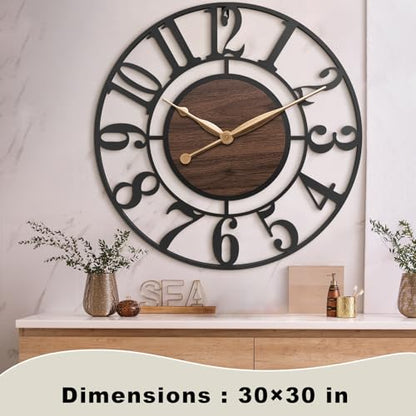 30 Inch Black Arabic Numeral Large Wall Clock with Walnut Dial - color: Brown, size: 30 Inch
